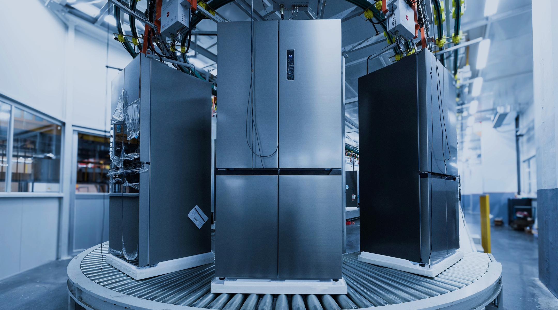Rows of fridges during manufacturing