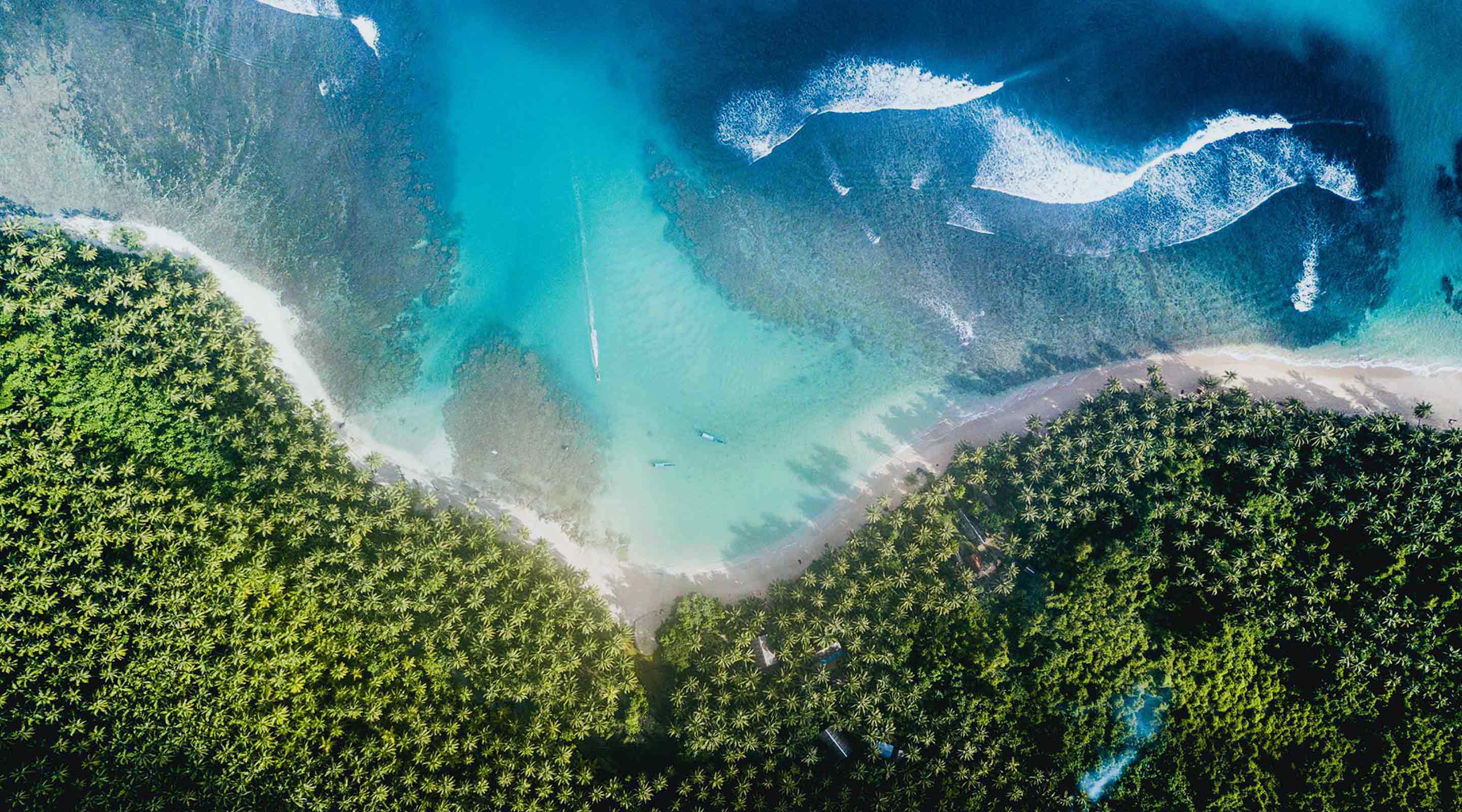 Aerial view of palm forest meeting turquoise bay with boats and waves breaking offshore.